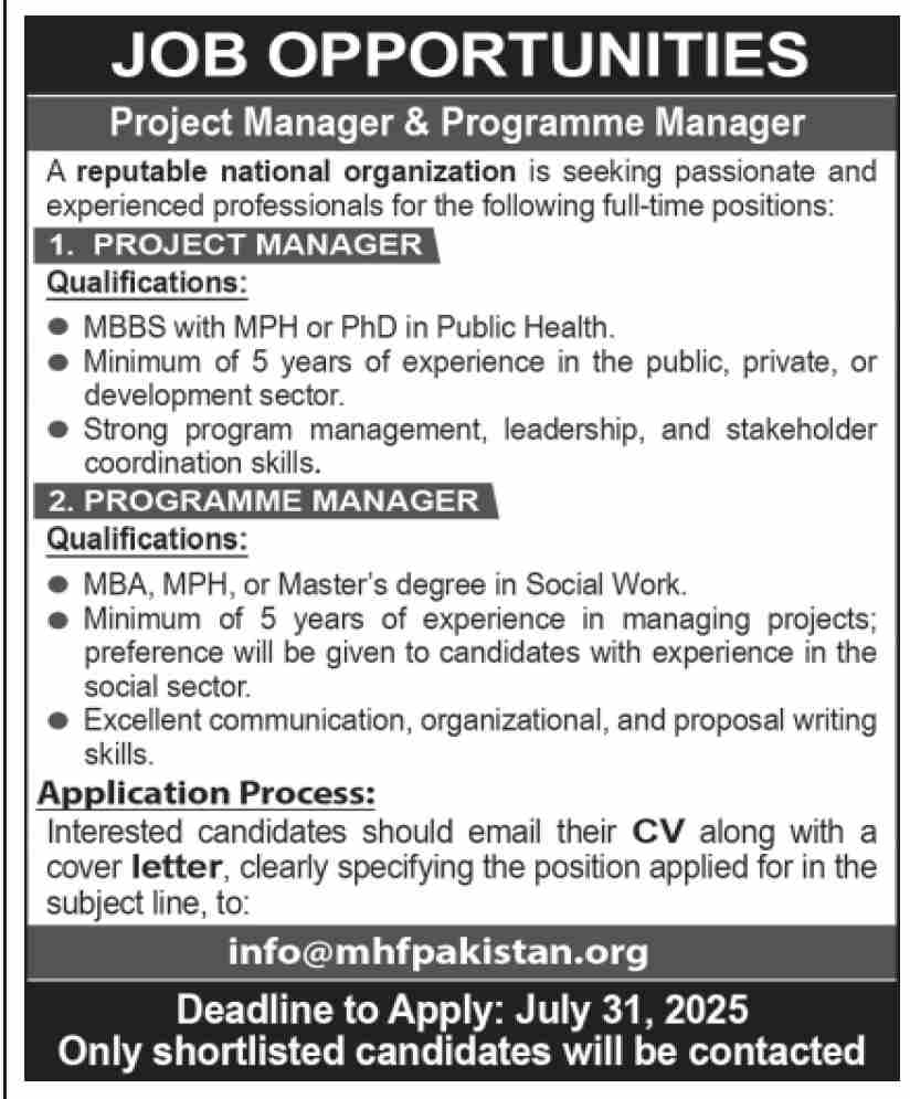 Project Manager, Programme Manager Jobs in Reputable National Organization Pakistan